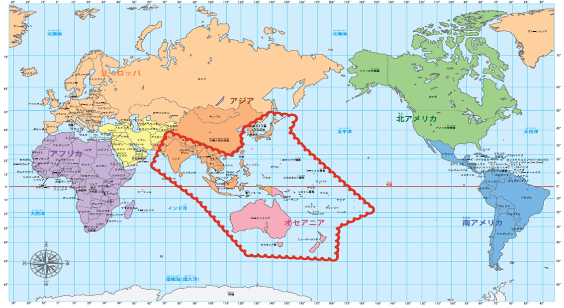 世界各地域との時差の図